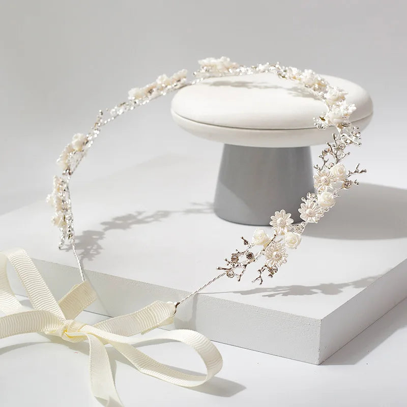 Pearl Rhinestone White Flower Headband Women Wedding Hair Accessories For Women Bride Tiara Headband Hair Jewelry Hairband