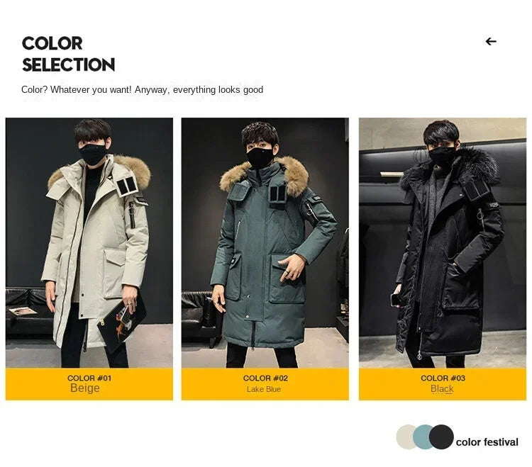 Men's Thickened Down Jacket Hooded Faux Fur Collar Winter Long Parka Jacket Outdoor  Street Fashion Jacket Men's Clothing 2024