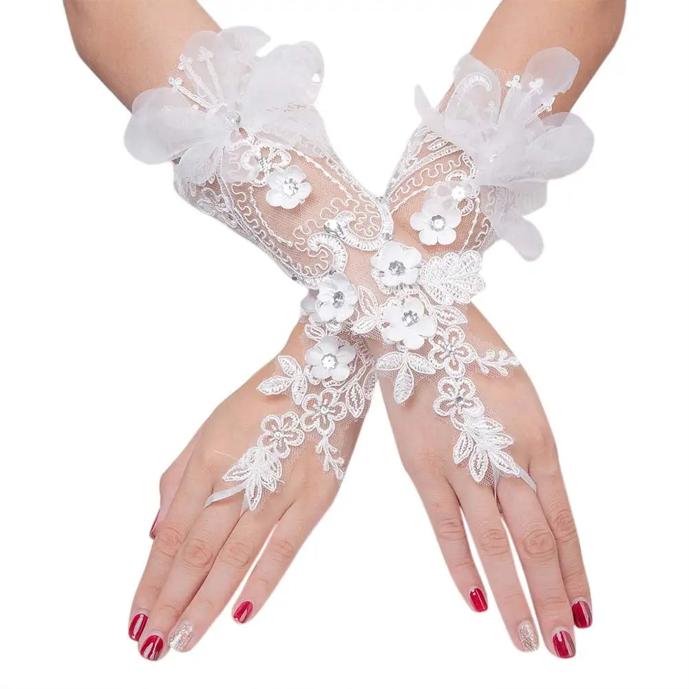 Wedding White Floral Rhinestone Lace glove Girls