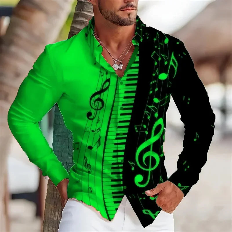 2024 Summer Men's Long Sleeves Shirt with Musical Instrument Symbol Pattern Printed Collar, Cardigan, Street Casual Shirt