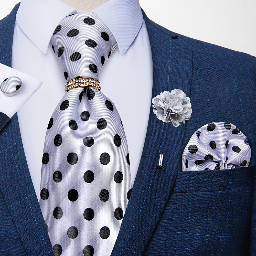 Men's Floral Red 8cm Ties Handkerchief Cufflinks Metal Ring Brooch Pin 5 Pcs Set Wedding Party Suits Accessory Gift for Husband