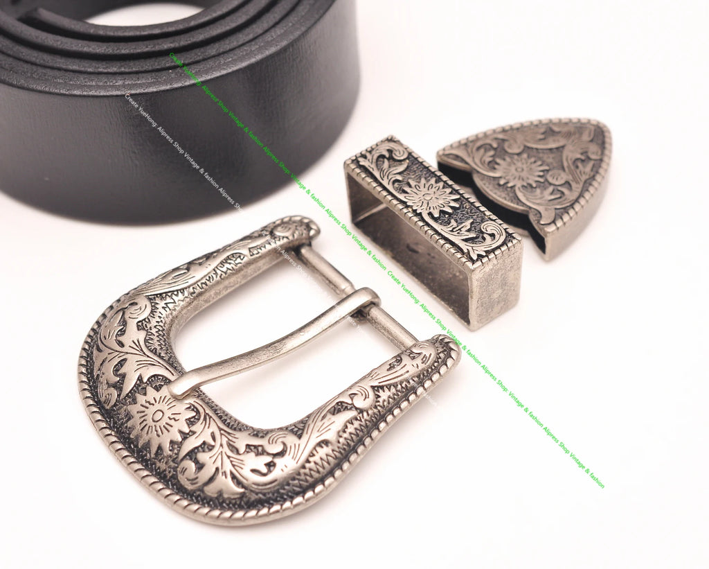 HEAVY DUTY COWBOY WESTERN FLORAL ENGRAVED ANTIQUE SILVER BELT BUCKLE SET 1-1/2"