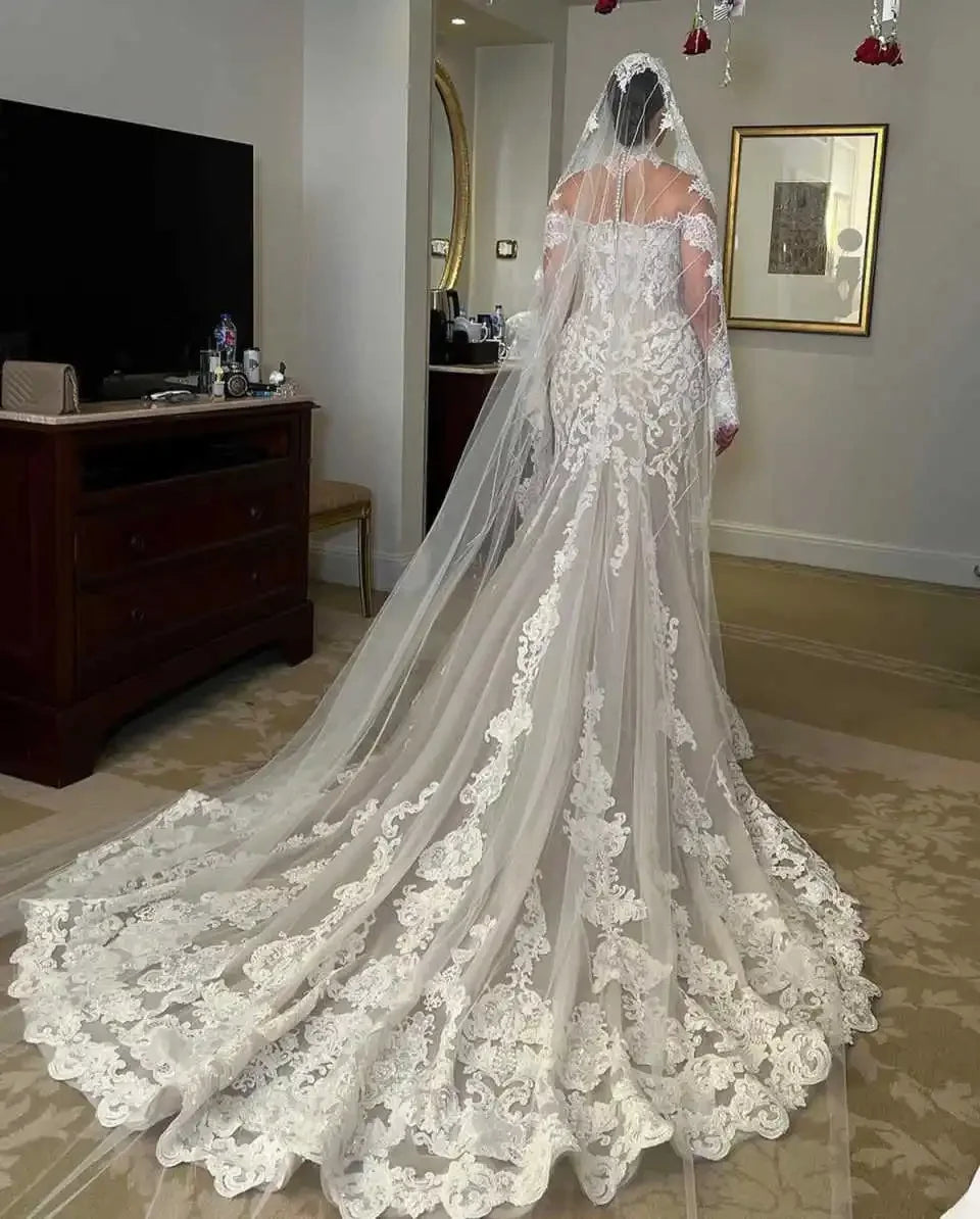 FW Vintage Mermaid Wedding Dresses High Neck Appliques Lace Long Sleeve Bridal Gown Sweep Train Customized Vestido De Noiva
