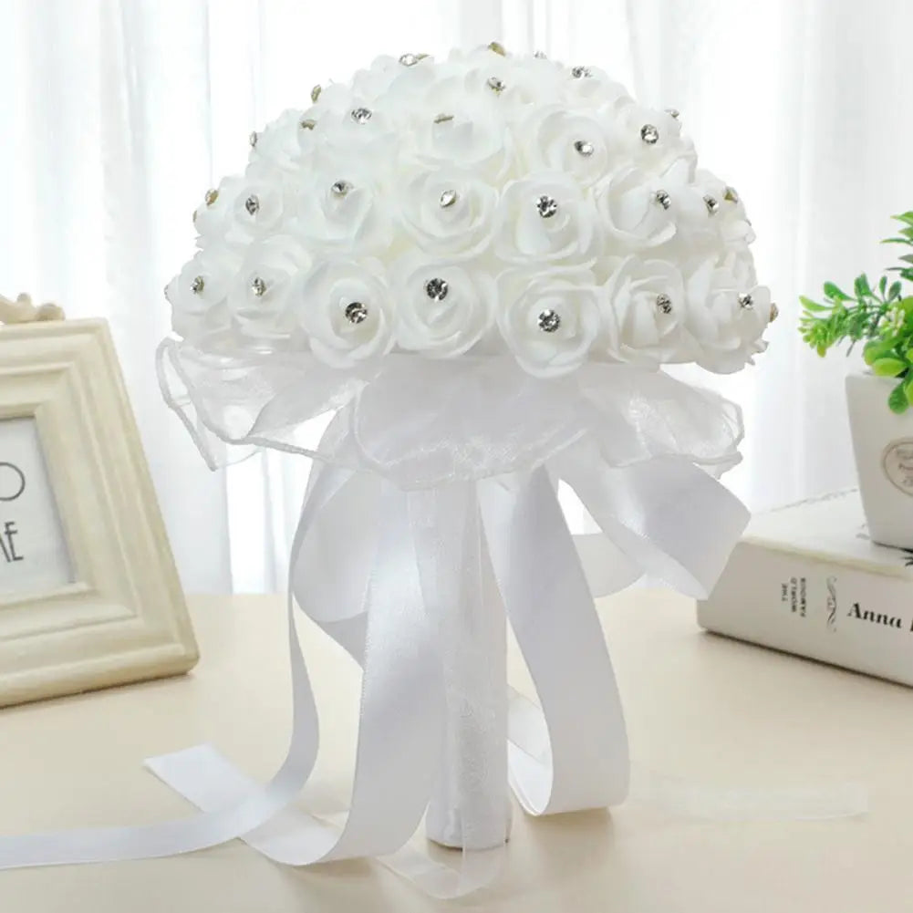 White Faux Silk Diamond Flower Ribbon Bouquet Wedding Bridal Holding Rose Bouquet Fake Flower for Wedding Decoration Flowers