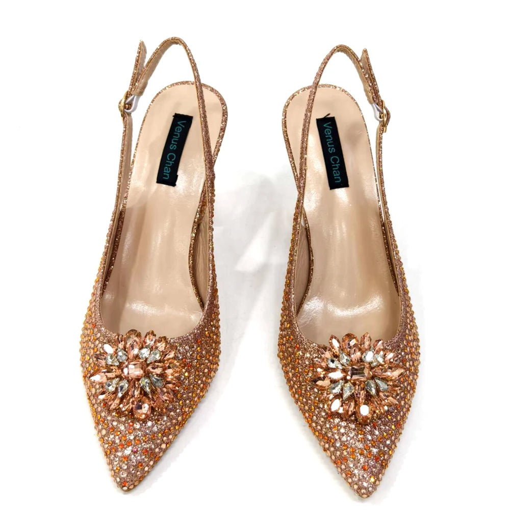 Venus Chan Nigerian Women Heel Party Ladies Italian Design Shoes And Bag Set Decorated with Rhinestone Handbag Wedding Party