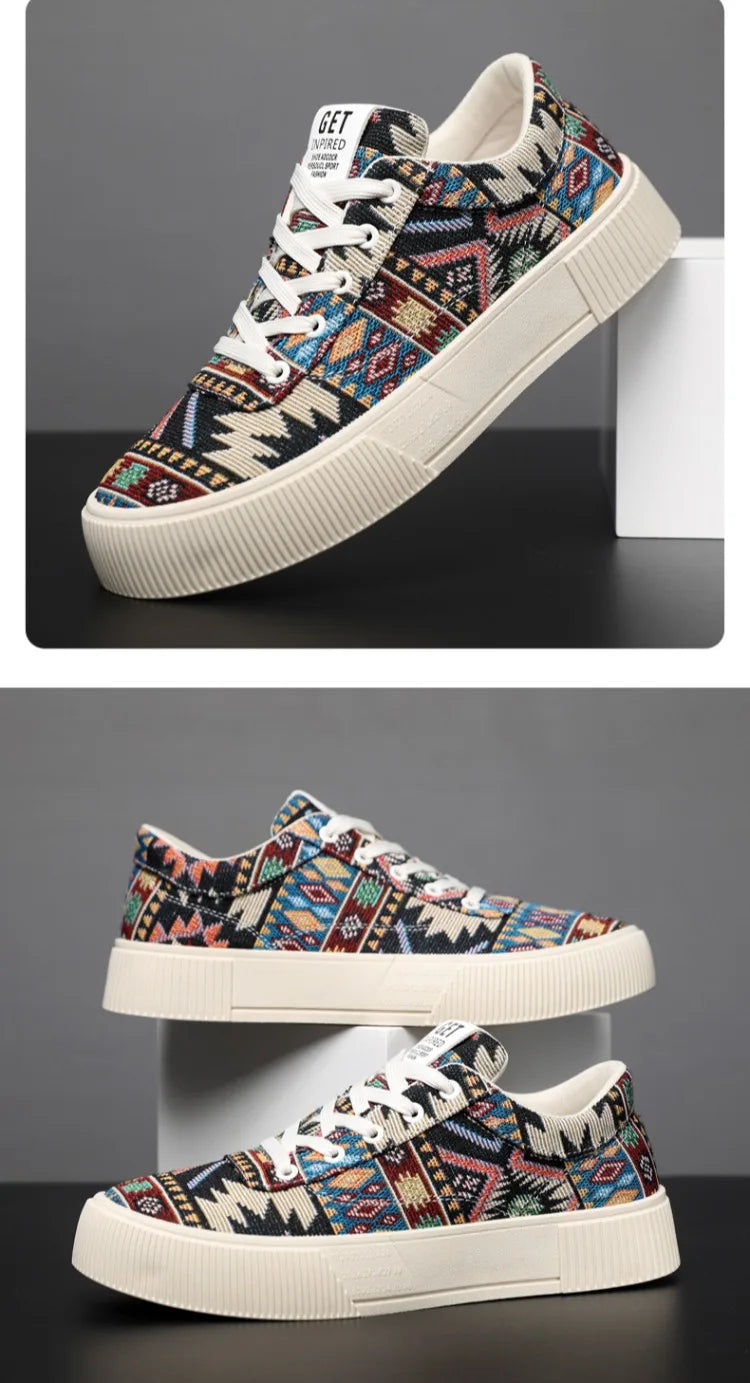 Sneakers Men 2025 New Spring and Autumn Ethnic Men's Shoe Low Top Retro Jacquard Flat Bottomed Board Shoes Oversized Mens Shoes
