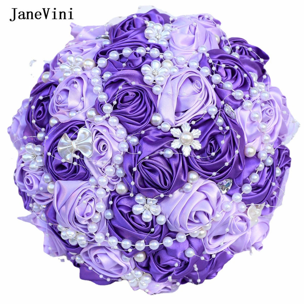 JaneVini Stunning Pearls Purple Flowers Bridal Bouquets Ribbon Handle Artificial Satin Roses Bride Bouquet Wedding Accessories
