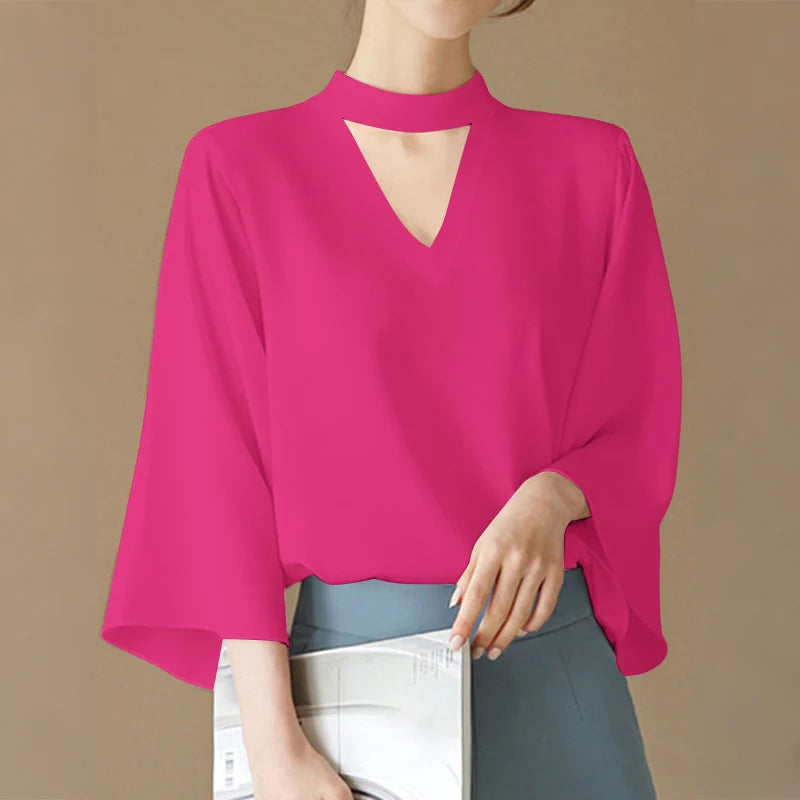 VONDA Plus Size Fashion Blouse Women Elegant OL Shirts Casual Hollow Out V Neck Solid Color Tunic Tops 3/4 Sleeve Blusas 5XL