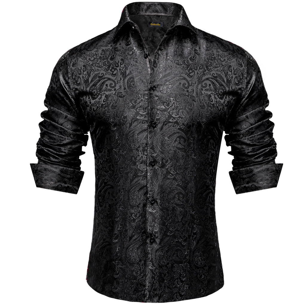 DiBanGu Silk Polyester Dress Shirts for Men Black Solid Paisley Red Silver Long Sleeve Turn Down Collar Prom Social Men's Shirt