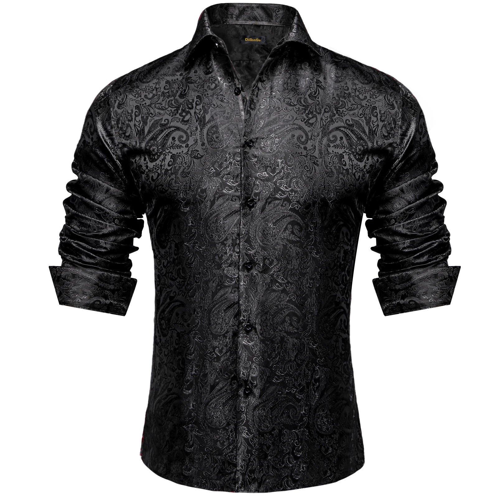 DiBanGu Silk Polyester Dress Shirts for Men Black Solid Paisley Red Silver Long Sleeve Turn Down Collar Prom Social Men's Shirt