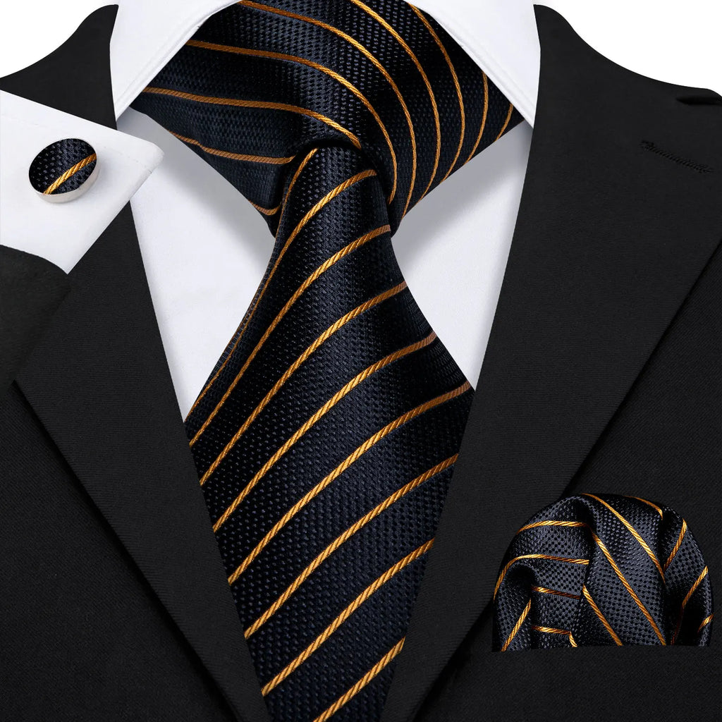 Barry.Wang Gold Silk Mens Tie Hanky Cufflinks Set Yellow Beige Orange Luxury Jacquard Necktie For Male Wedding Business Party