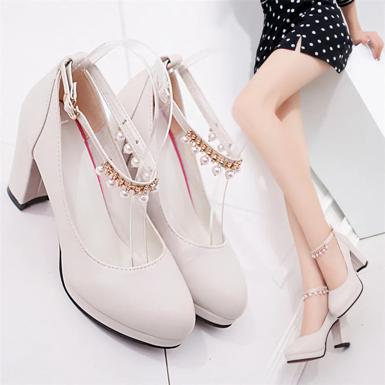 Women's Wedding Shoes String Bead Ankle Strap Elegant Middle High Heel Dress Platform Bridal Pearl Pumps 8cm 2023 Autumn Leather