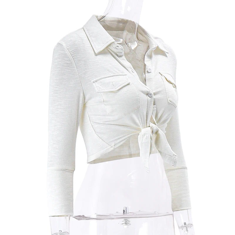 Candyhot Sweet Polo-neck Blouses Y2K Sexy Button Up Cardigan Long Sleeves Blouse Crop Tops Bandage Twist Knot Vest Women T Shirt