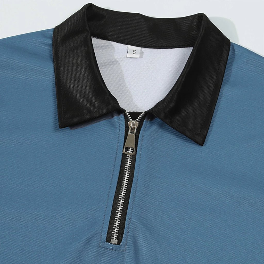 Men's Contrast Color Zipper Polo Shirt – Short Sleeve Lapel Golf Tee