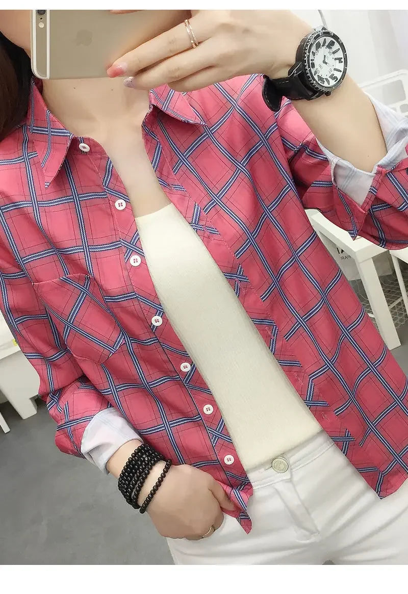 2024 Autumn New College Style Plaid Shirts Womens Long sleeve Button Down Casual Tops Loose Fashion Polo Neck Blouses