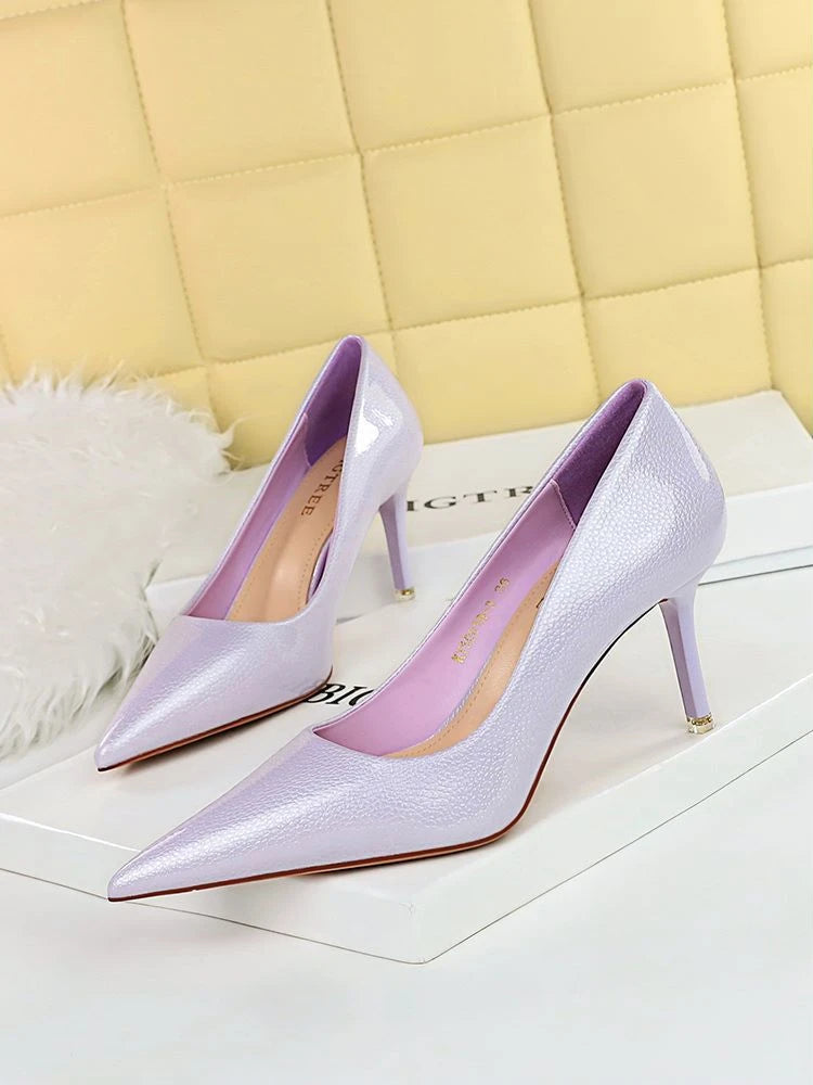 BIGTREE Elegant Simple Woman Heels Slim Heels High Heels Shallow Mouth Pointed Crystal Patent Leather Single Shoes  Women Shoes