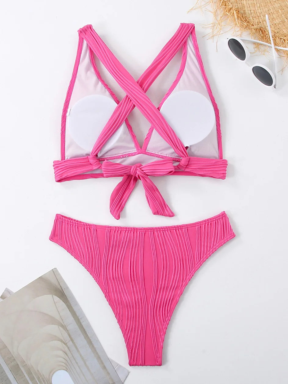 Sexy Criss Cross Tie Back Bikini Women's Swimsuit 2024 Swimwear Trend Bathing Suits Hight Waist Bikinis Sets Push Up Beach Wear