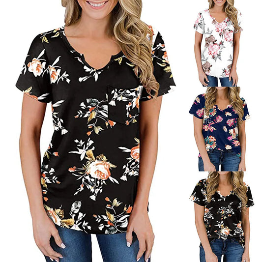 2024 Europe and the United States spring and summer new women's top printed V-neck short sleeve loose pocket T-shirt woman