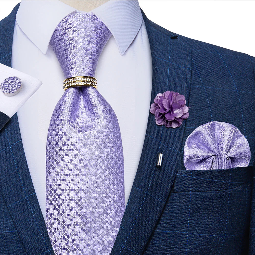 Men's Floral Red 8cm Ties Handkerchief Cufflinks Metal Ring Brooch Pin 5 Pcs Set Wedding Party Suits Accessory Gift for Husband