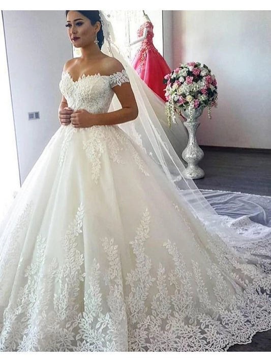 Customized Ball Gown Wedding Dresses Off Shoulder Appliques Court Train Bridal Gowns Formal Vestido De Noiva robe de mariée