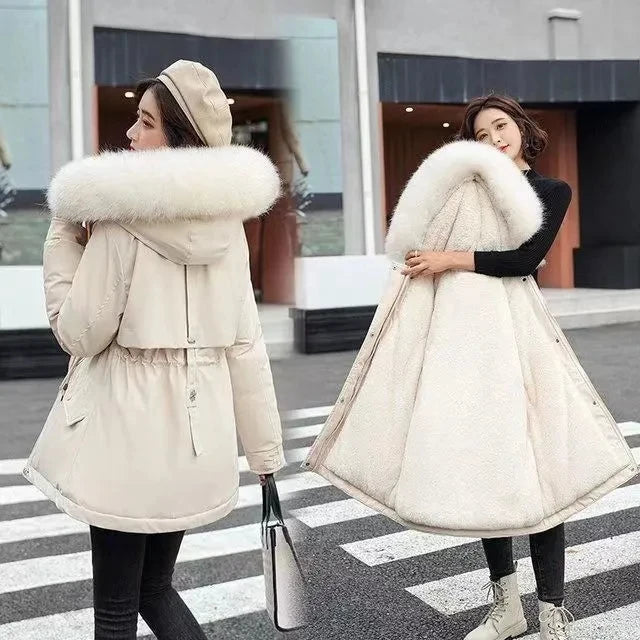 2025 Winter New Korean Edition Loose Thicken Cotton Jacket Women's Big Fur collar Hooded Coat Female Casual Warm Parker Overcoat