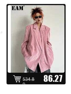 EAM Gray Spliced Pleated Personality Blazer Women New Lapel Long Sleeve Loose Fit Jacket Fashion Tide Spring Autumn 2025 30A1252