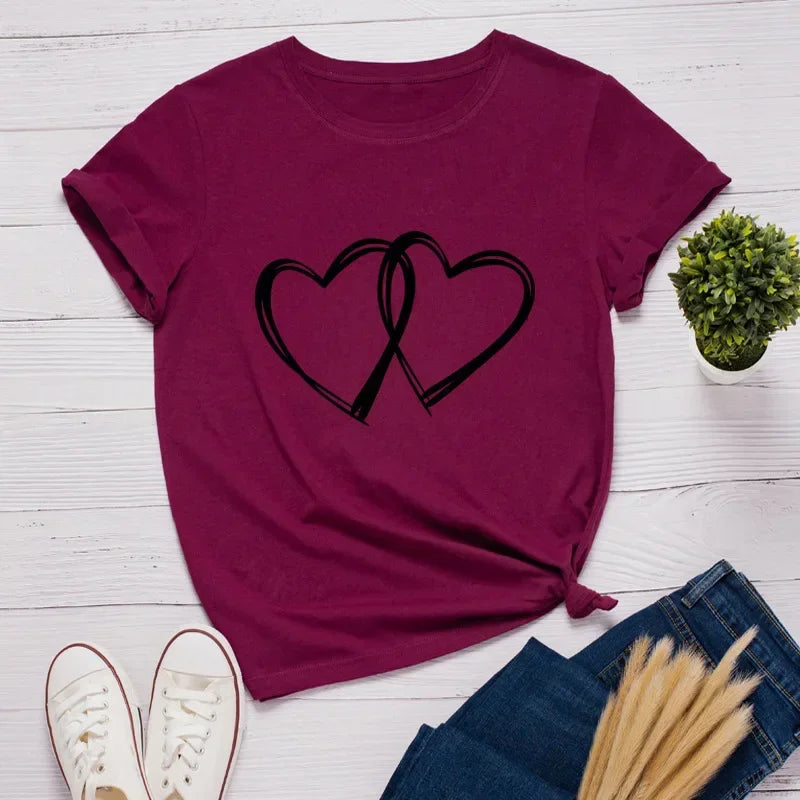 Double Heart Print Women T Shirt Short Sleeve O Neck Loose Women Tshirt Ladies Fashion Tee Shirt Tops Clothes