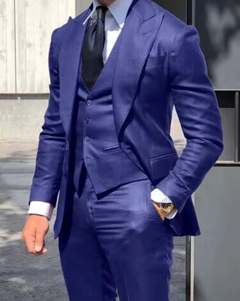 Solid Color Fashion Men Boutique Business Suits Wedding Suit Formal Groom Tuxedos 3 Pcs Set Dress Peak Lapel Blazer Vest Pants
