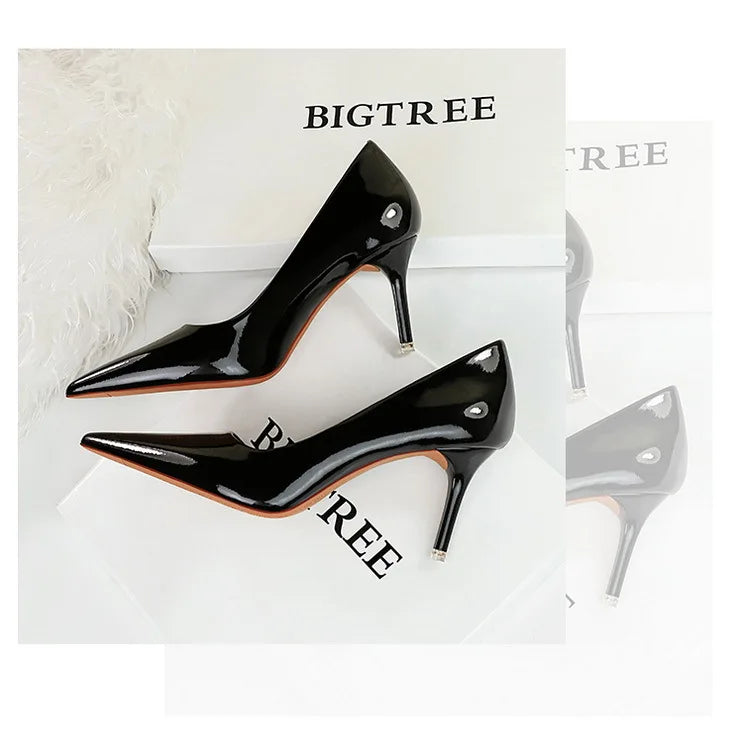 BIGTREE Elegant Simple Woman Heels Slim Heels High Heels Shallow Mouth Pointed Crystal Patent Leather Single Shoes  Women Shoes