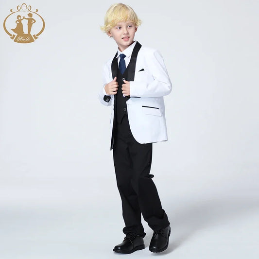 Spring Autumn Formal Suit for Boys Children Party Host Wedding Costume Coat Vest Pants 3Pcs White Wholesale Clothing Sets