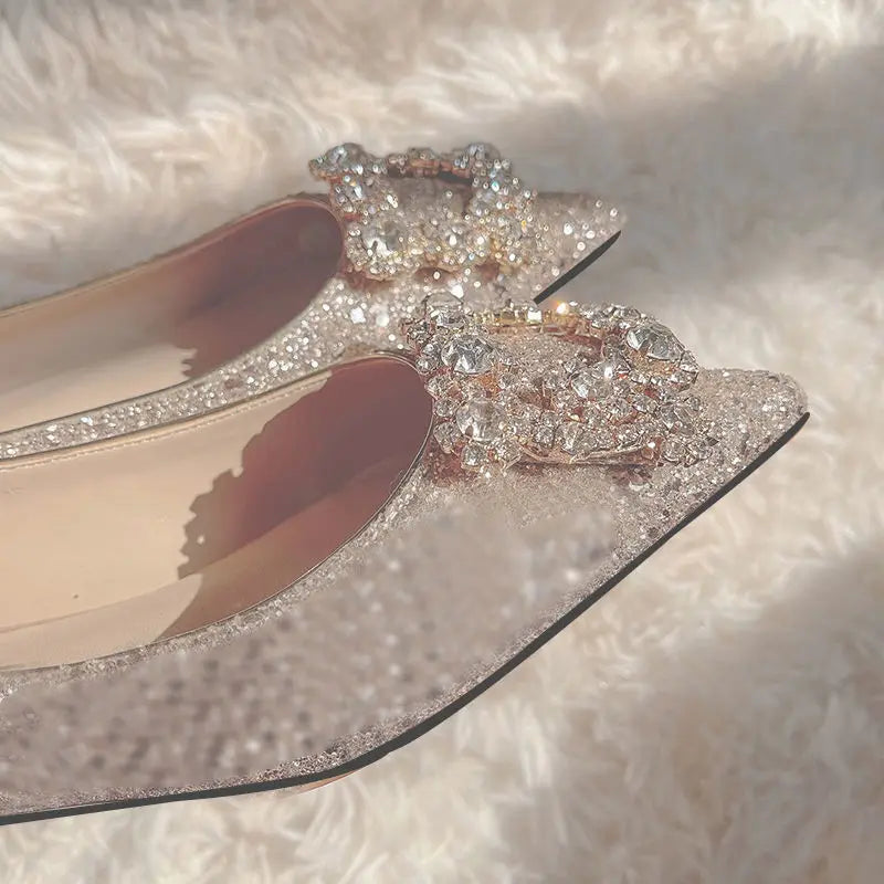 Wedding Shoes Woman Square Buckle Crystal Pointed Toe Flats Glitter Shallow Slip On Comfy Loafers Bling Bling