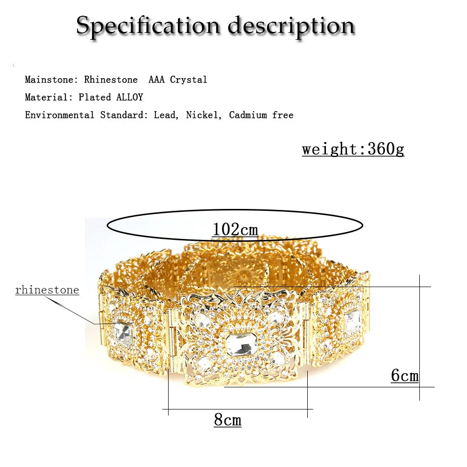 Sunspicems Gold Color Blue Crystal Morocco Caftan Belt For Women Algera Bride Wedding Belt Jewelry Decorative Waist Chain