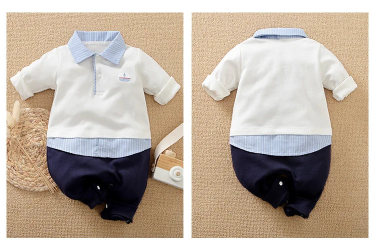 Spring and Autumn Boys' Cute Solid Gentleman Cotton Comfortable Casual Long Sleeve Baby Bodysuit