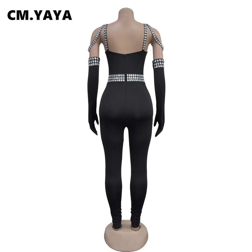 CM.YAYA Women Diamonds Hot Rhinestones Sexy Strap Long Sleeve Jumpsuits Streetwear Club One Piece Overall Rompers with Gloves