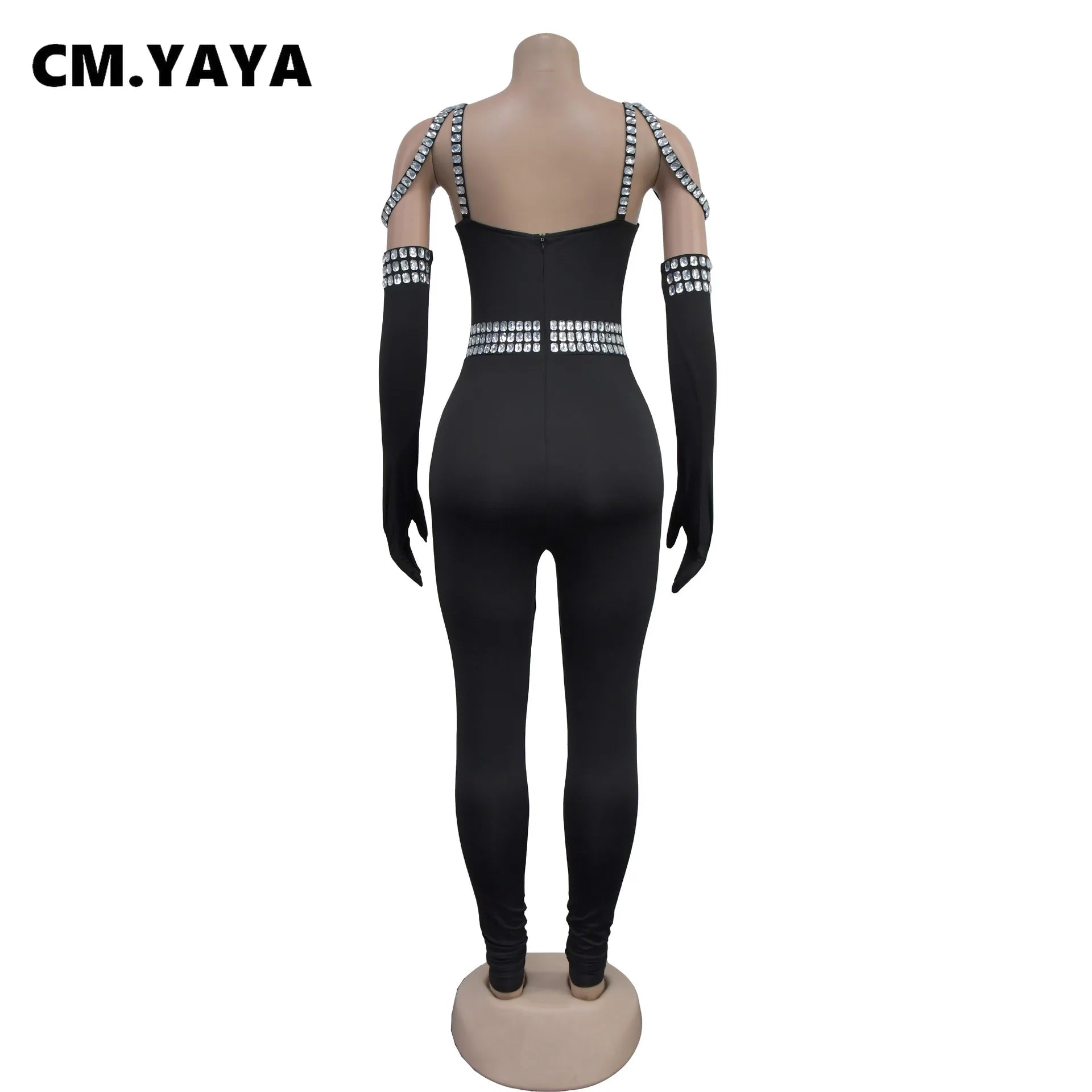 CM.YAYA Women Diamonds Hot Rhinestones Sexy Strap Long Sleeve Jumpsuits Streetwear Club One Piece Overall Rompers with Gloves