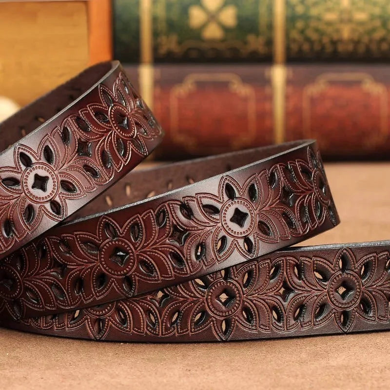 115CM New Belt Hollow Pattern Belt Ladies Trend Waistband Genuine Woman Belt Vintage Pin Buckle Imitation Leather Strap Jeans