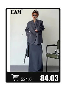 EAM Gray Spliced Pleated Personality Blazer Women New Lapel Long Sleeve Loose Fit Jacket Fashion Tide Spring Autumn 2025 30A1252