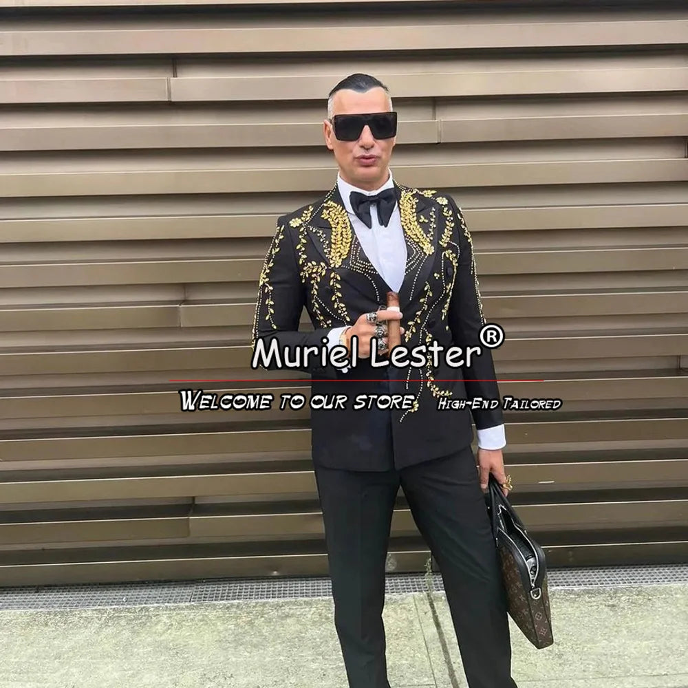 Formal Wedding Suits For Men Gold Beaded Jacket Plus Size Male Fashion Business Party Dress 2 Pieces Double Breasted Coat Pants