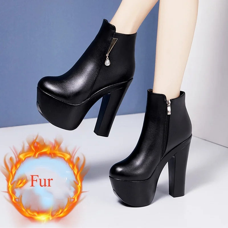 15cm Small Size 32-43 Sexy Extreme Block High Heels Shoes Women Boots Winter 2025 Thick Platform Boots Ankle Botas Model Office