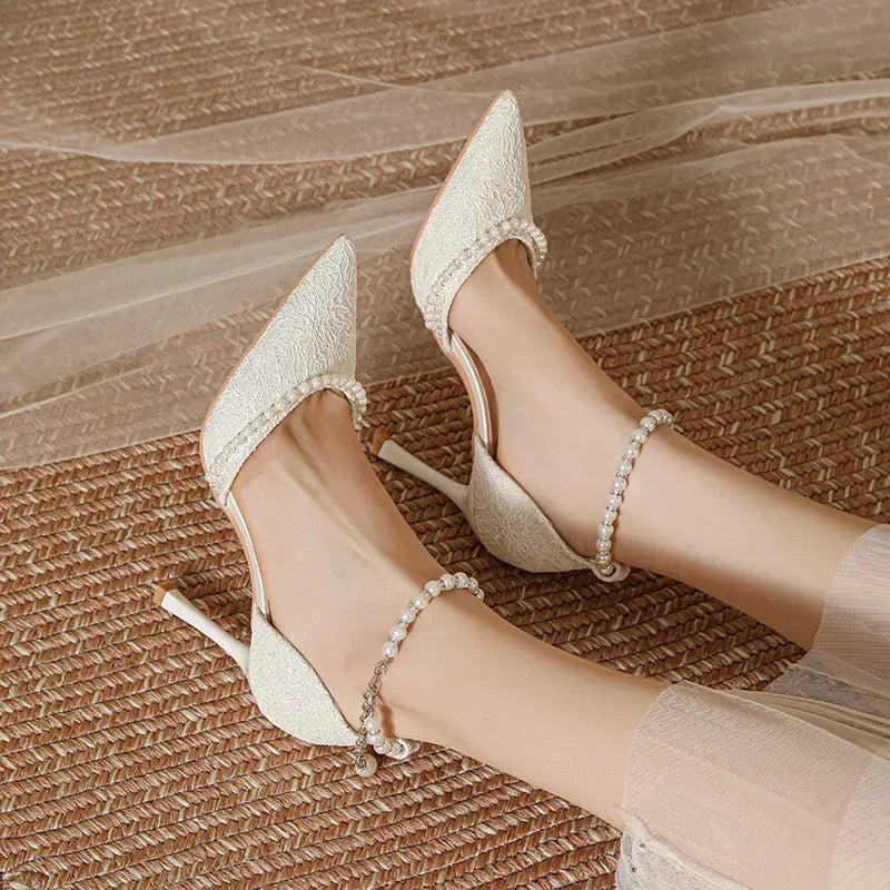 Size 30-44 Pearls Strap High Heels Lace Women White Wedding Shoes Stiletto Heel Point Toe Bride Bridesmaid