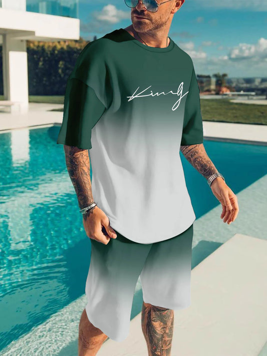 Casual sports suit breathable outdoor casual men's T-shirt five-point pants suit summer 3D printing suit male adult