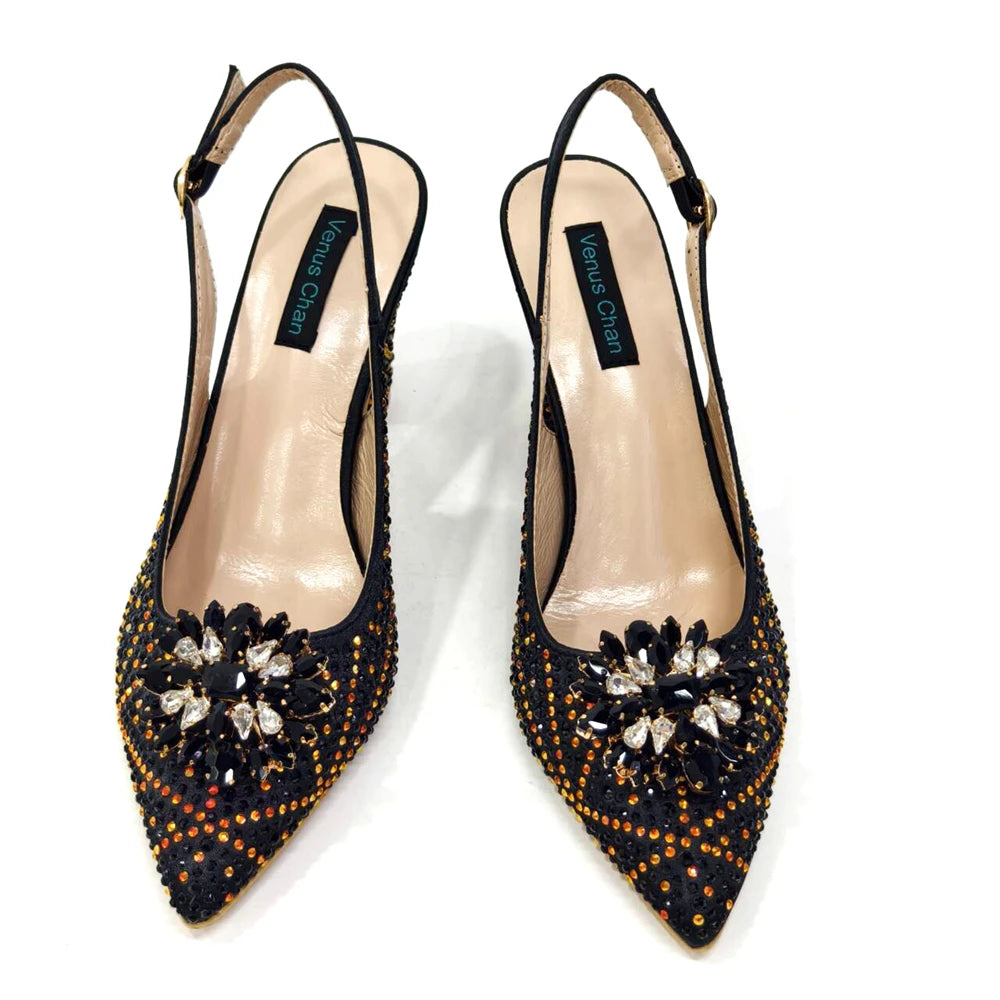 Venus Chan Nigerian Women Heel Party Ladies Italian Design Shoes And Bag Set Decorated with Rhinestone Handbag Wedding Party