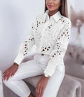 Women's Hollowed-Out Long-Sleeve Blouse | Lapel Button-Up Open-Front Shirt