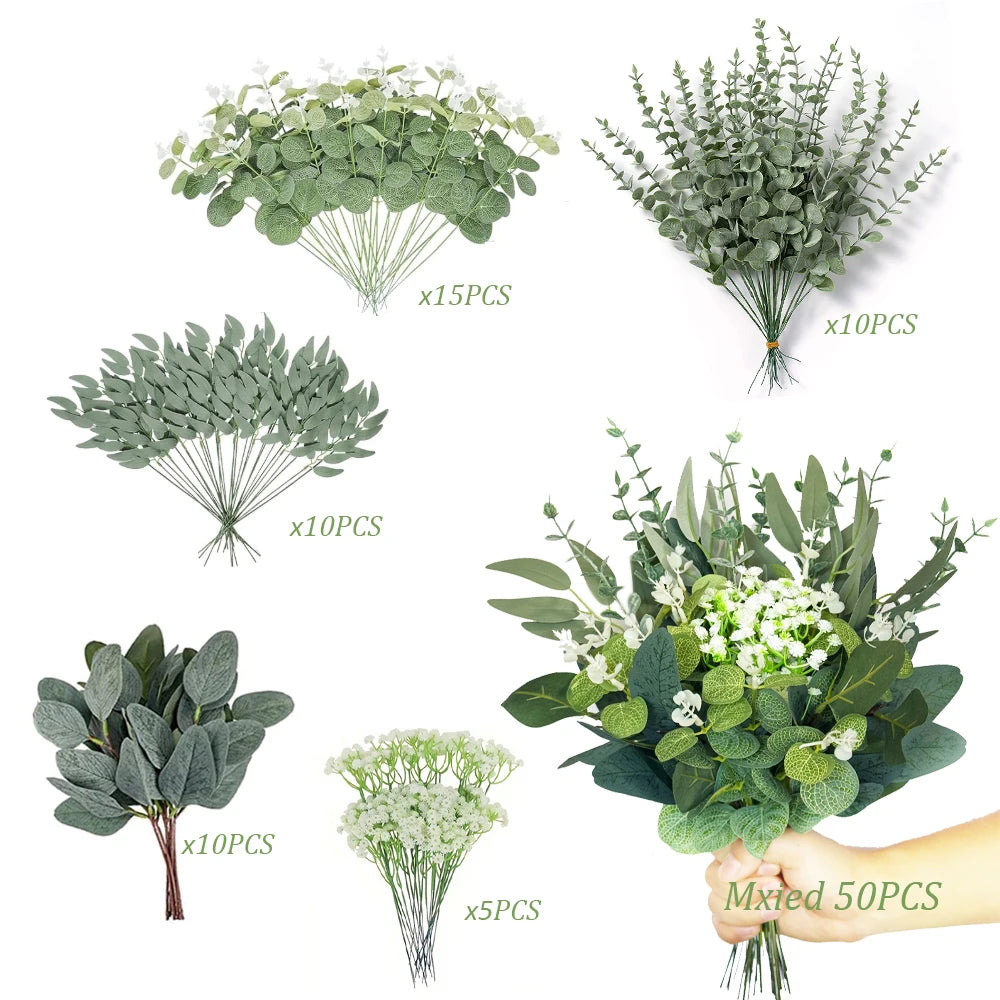 50PCS Artificial Flowers Bouquets Mixed Eucalyptus Leaves Willow Silver Eucalyptus Cuttings for Wedding Floral DIY Home Decor