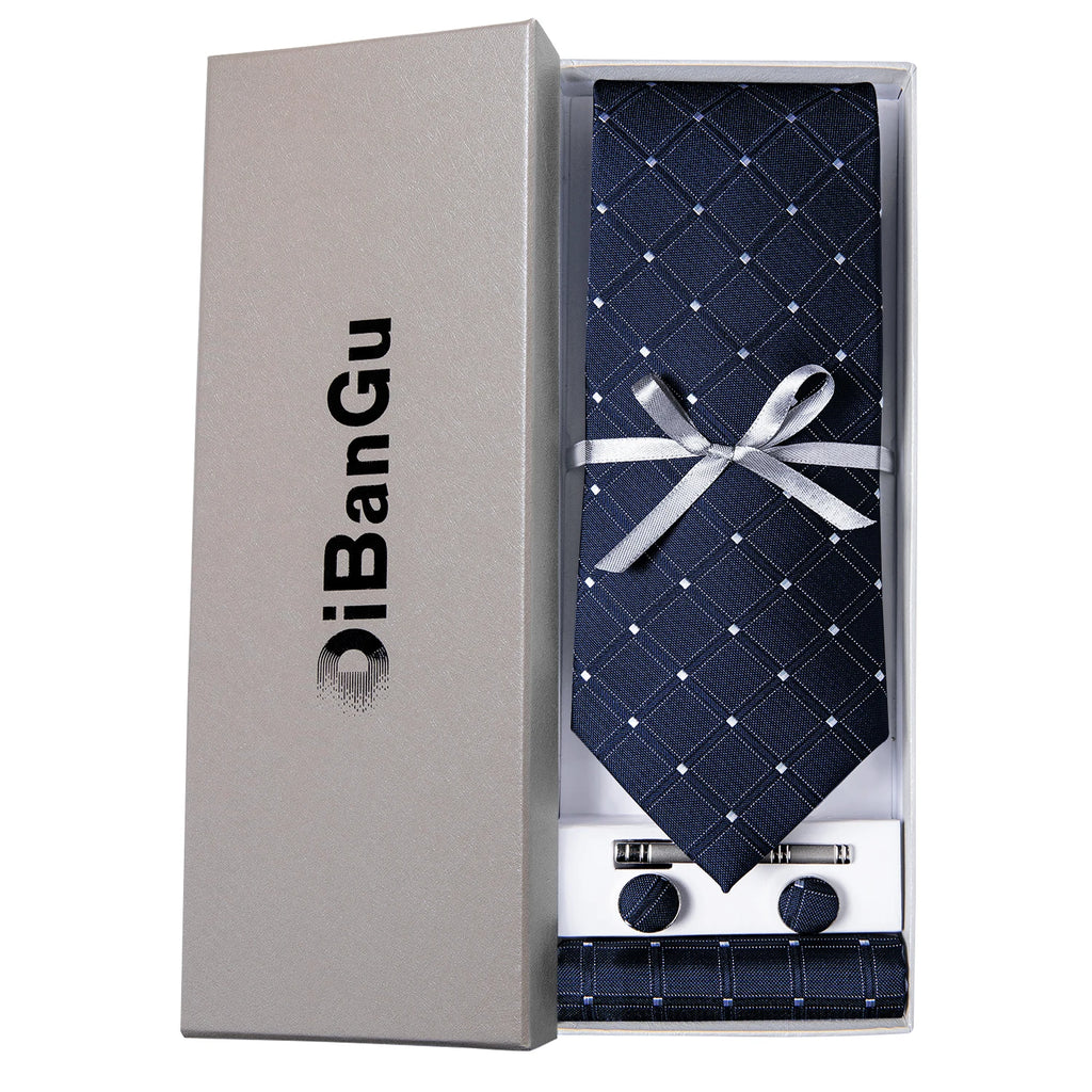 Solid Black Plaid Men's 8cm Polyester Neck Tie Handkerchief Cufflinks Set with Gift Box Tie Clip Birthday Anniversary Gift