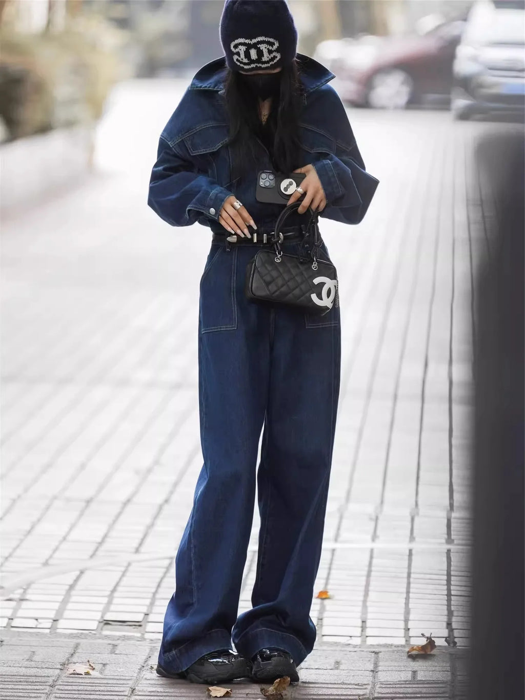 Blue Design Denim Jumpsuit Women'S Spring And Autumn Collar Fashionable Workwear Large Pocket Loose Pants