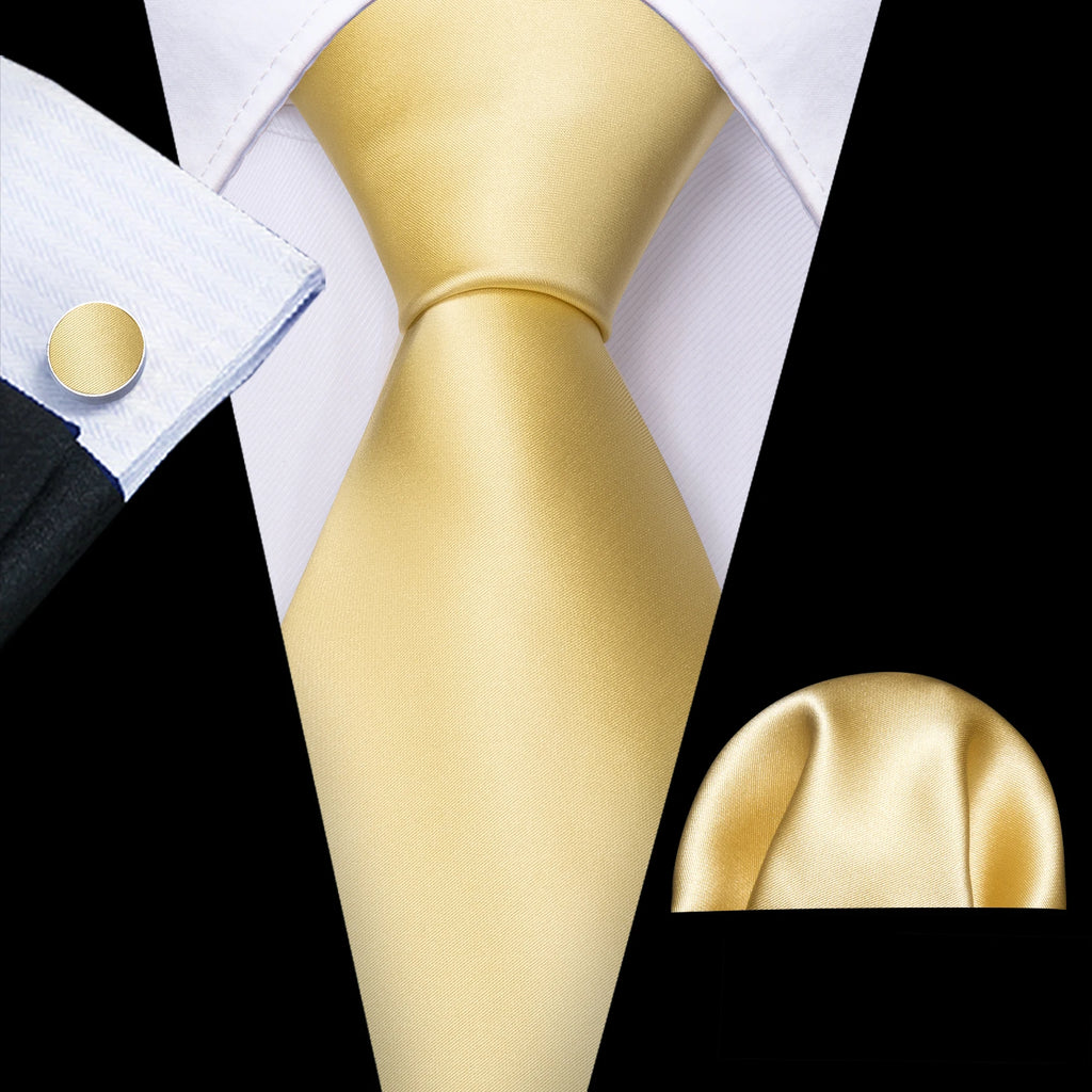 Barry.Wang Gold Beige Yellow Brown Tulip Silk Men Tie Handkerchief Cufflink Set Jacquard Necktie for Male Wedding Business Party