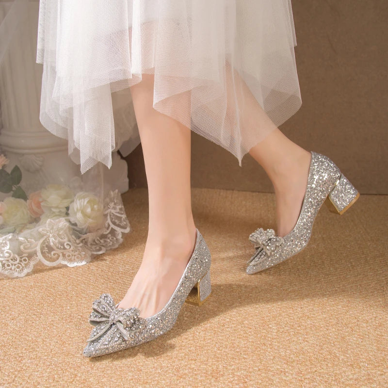 Wedding Shoes for Women 2024 Brand Fashion Women's High Heels Summer Pointed Toe New Crystal Butterfly-knot Bride Shoes