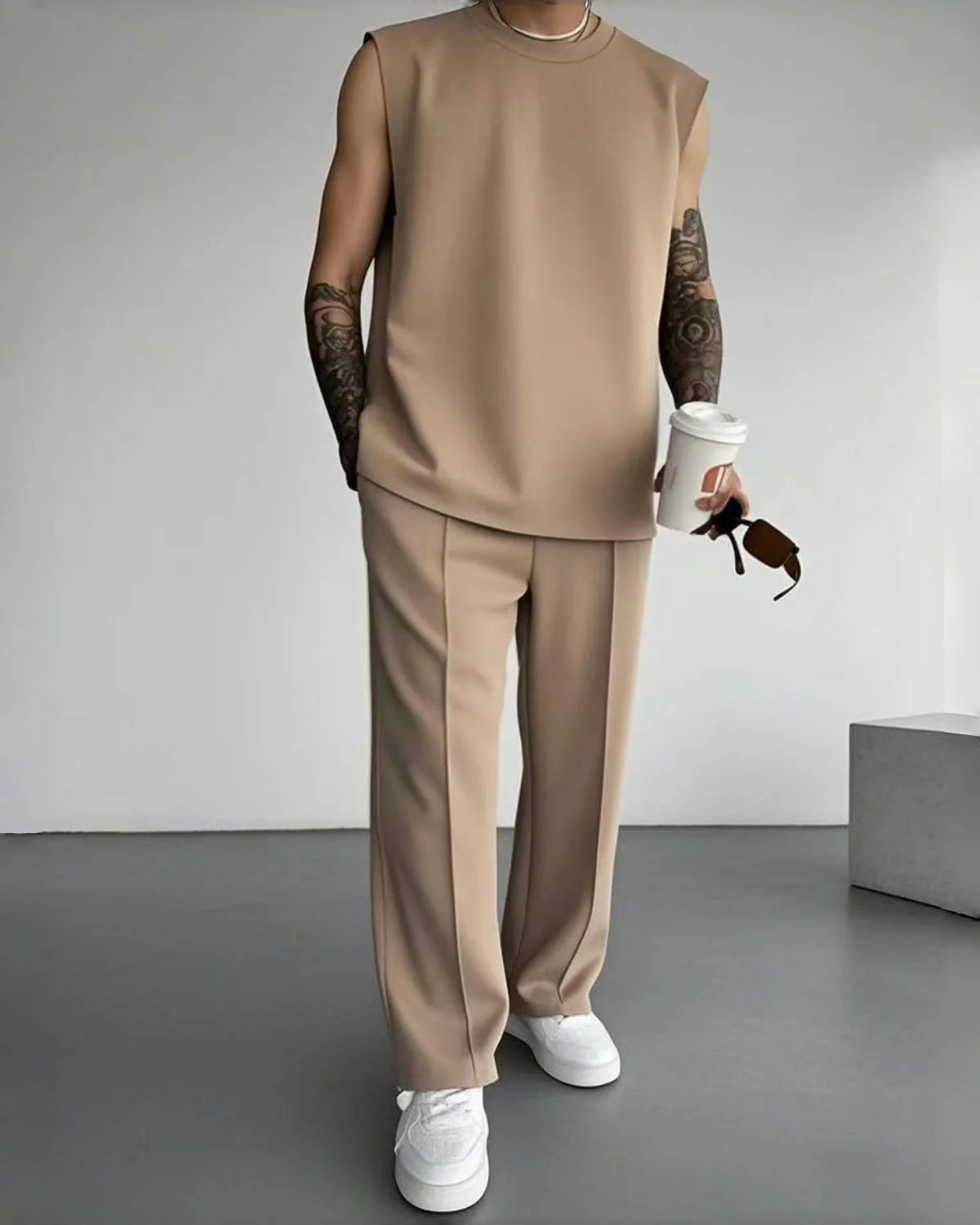 New summer sleeveless sports suit 2025 men's casual solid color trousers men's clothing vest two-piece set,