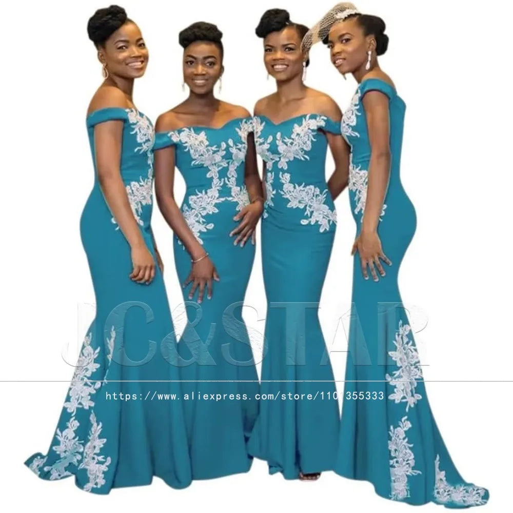 Burgundy Womens Off The Shoulder Mermaid Bridesmaid Dresses for Wedding Lace Satin Prom Dresses Long Formal Evening Gowns Africa